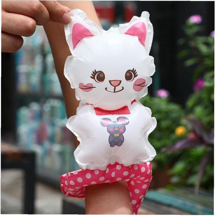 Balon din Folie Metalizata, , Figurine Animalute, Tip Bratara, Model Pisica, 13 x 35 cm, Ambalaj Individual, Pai Inclus, Umflare cu Aer sau Heliu, Alb [4]