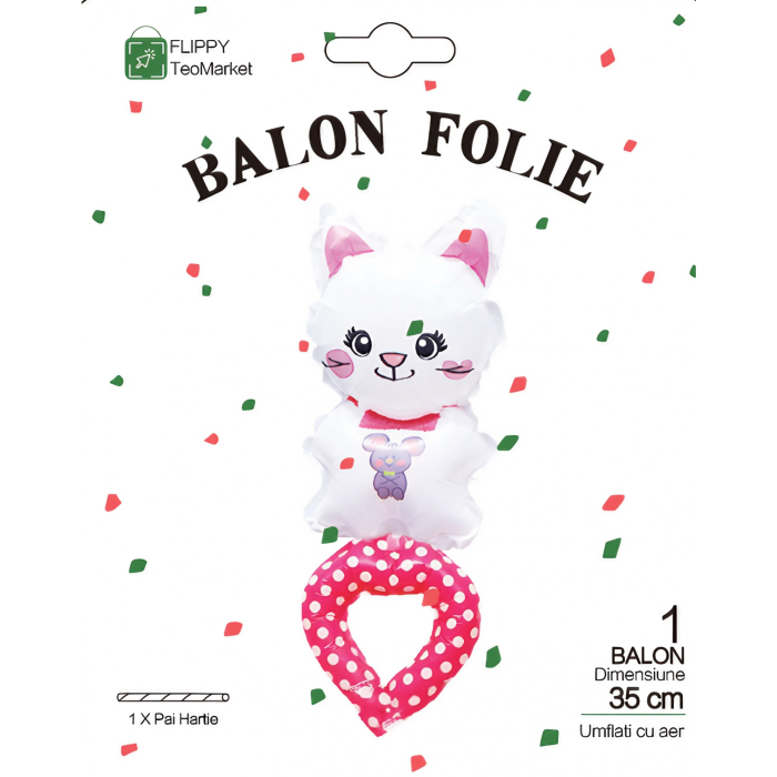 Balon din Folie Metalizata, , Figurine Animalute, Tip Bratara, Model Pisica, 13 x 35 cm, Ambalaj Individual, Pai Inclus, Umflare cu Aer sau Heliu, Alb [6]