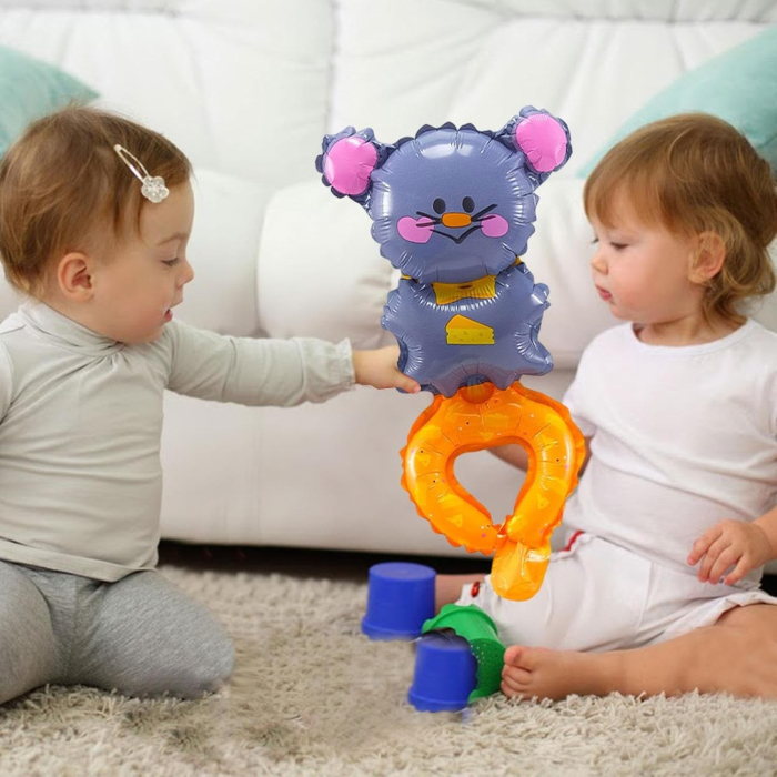 Balon din Folie Metalizata, , Figurine Animalute, Tip Bratara, Model Soricel, Ambalaj Individual, Pai Inclus, Umflare cu Aer sau Heliu, Gri [4]