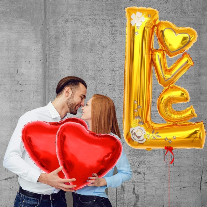 Balon din Folie Metalizata, , Figurine, Model LOVE, Tematica Iubire, 110x64 cm, Ambalaj Individual, Pai Inclus, Umflare cu Aer sau Heliu, Galben [8]