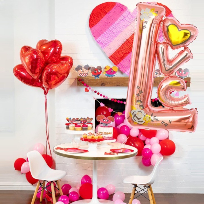 Balon din Folie Metalizata, , Figurine, Model LOVE, Tematica Iubire, 110x64 cm, Ambalaj Individual, Pai Inclus, Umflare cu Aer sau Heliu, Roz [7]