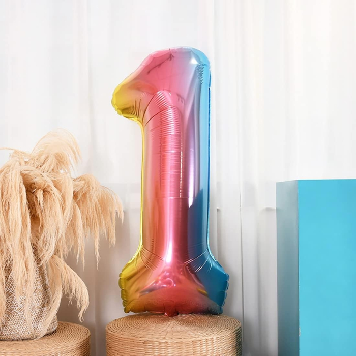 Balon din Folie Metalizata Gradient , Figurina Cifra, Tema Aniversare 100 cm, Ambalaj Individual, Pai inclus, Umflare cu Aer sau Heliu, Multicolor, Cifra 1 [3]