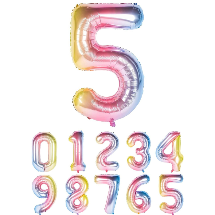 Balon din Folie Metalizata Gradient , Figurina Cifra, Tema Aniversare 100 cm, Ambalaj Individual, Pai inclus, Umflare cu Aer sau Heliu, Multicolor, Cifra 5 [2]