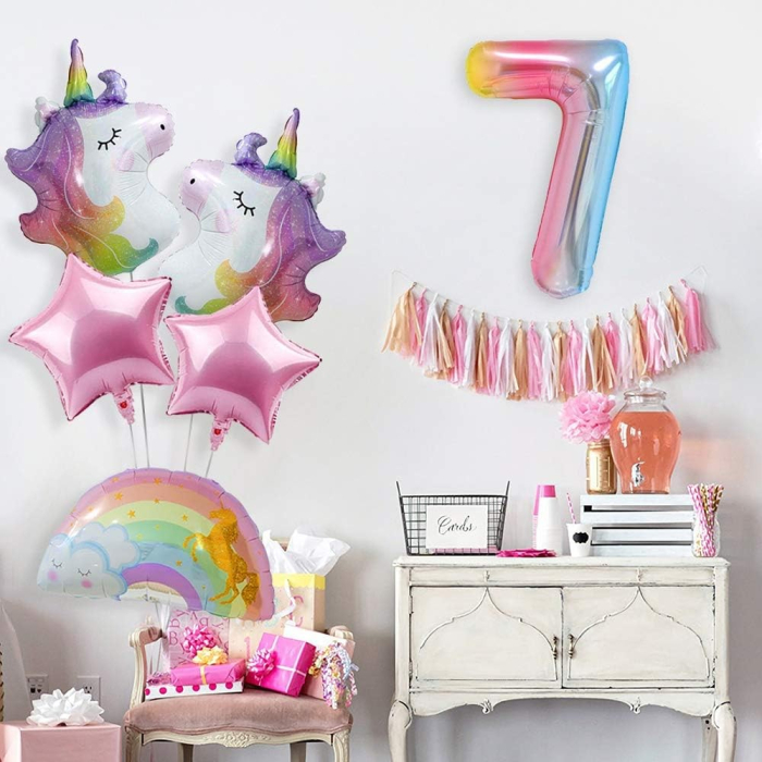 Balon din Folie Metalizata Gradient , Figurina Cifra, Tema Aniversare 100 cm, Ambalaj Individual, Pai inclus, Umflare cu Aer sau Heliu, Multicolor, Cifra 7 [2]