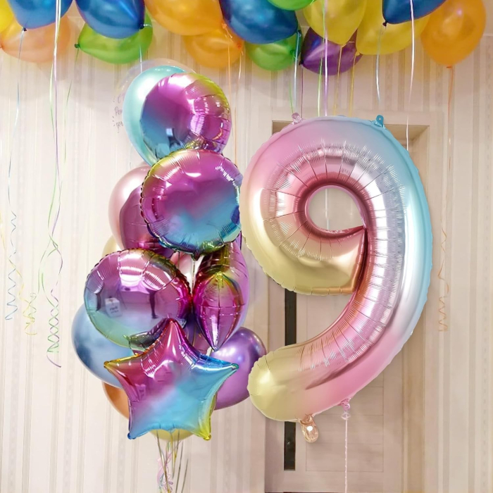 Balon din Folie Metalizata Gradient , Figurina Cifra, Tema Aniversare 100 cm, Ambalaj Individual, Pai inclus, Umflare cu Aer sau Heliu, Multicolor, Cifra 9 [3]