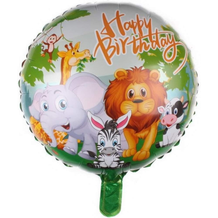 Balon din Folie Metalizata, , Mini Figurina Rotunda, Model Animalute, Happy Birthday, Tematica Aniversare, 45 cm, Ambalaj Individual, Pai Inclus, Umflare cu Aer sau Heliu, Multicolor [5]