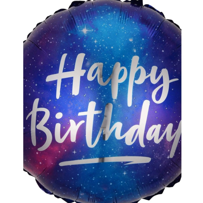 Balon din Folie Metalizata, , Mini Figurina Rotunda, Model Cer Instelat, Happy Birthday, Tematica Aniversare, 45 cm, Ambalaj Individual, Pai Inclus, Umflare cu Aer sau Heliu, Multicolor [5]