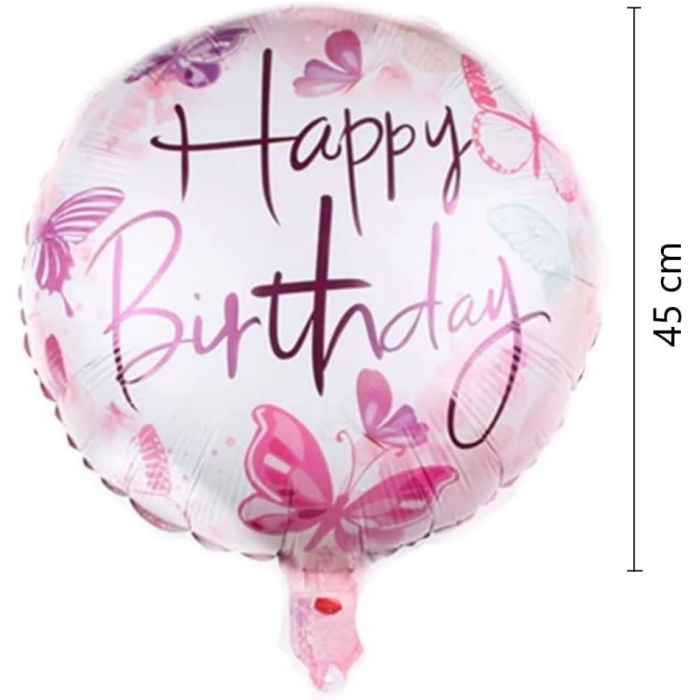 Balon din Folie Metalizata, , Mini Figurina Rotunda, Model Happy Birthday Fluturasi, Tema Aniversare, 45 cm, Ambalaj Individual, Pai inclus, Umflare cu Aer sau Heliu, Roz [3]