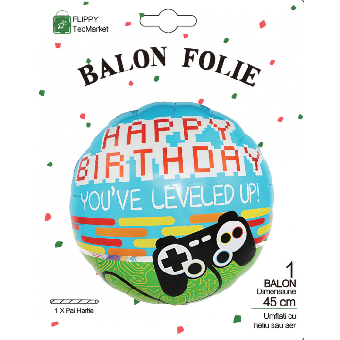Balon din Folie Metalizata, , Mini Figurina Rotunda, Model Happy Birthday Gamer, Tema Aniversare, 45 cm, Ambalaj Individual, Pai inclus, Umflare cu Aer sau Heliu, Albastru [4]