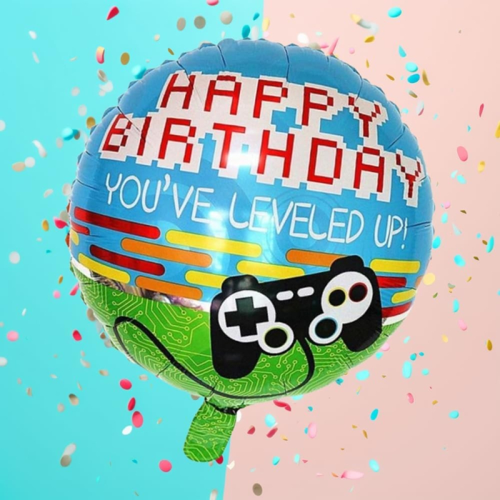 Balon din Folie Metalizata, , Mini Figurina Rotunda, Model Happy Birthday Gamer, Tema Aniversare, 45 cm, Ambalaj Individual, Pai inclus, Umflare cu Aer sau Heliu, Albastru [2]