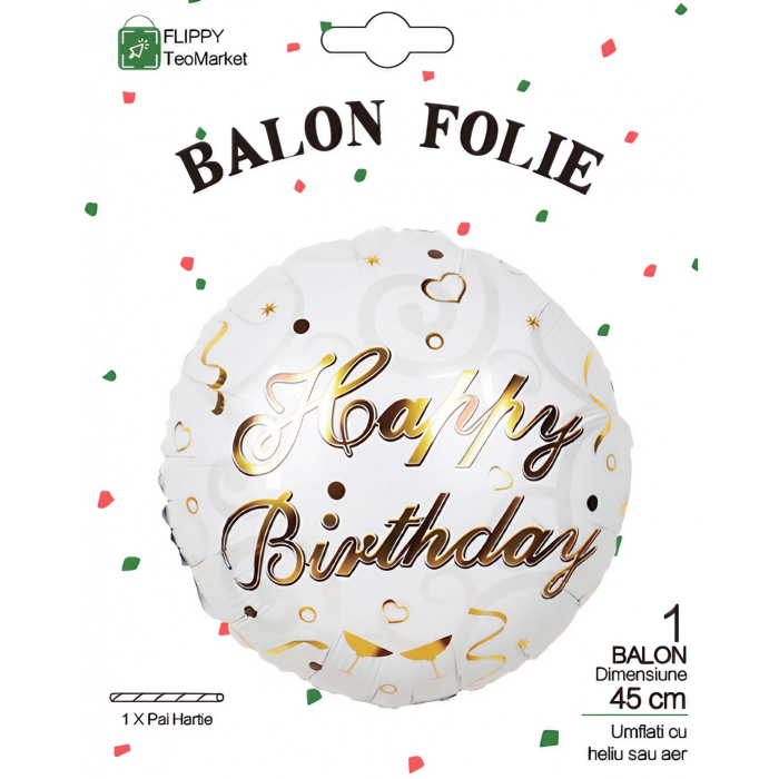 Balon din Folie Metalizata, , Mini Figurina Rotunda, Model Happy Birthday, Tema Aniversare, 45 cm, Ambalaj Individual, Pai inclus, Umflare cu Aer sau Heliu, Argintiu [3]