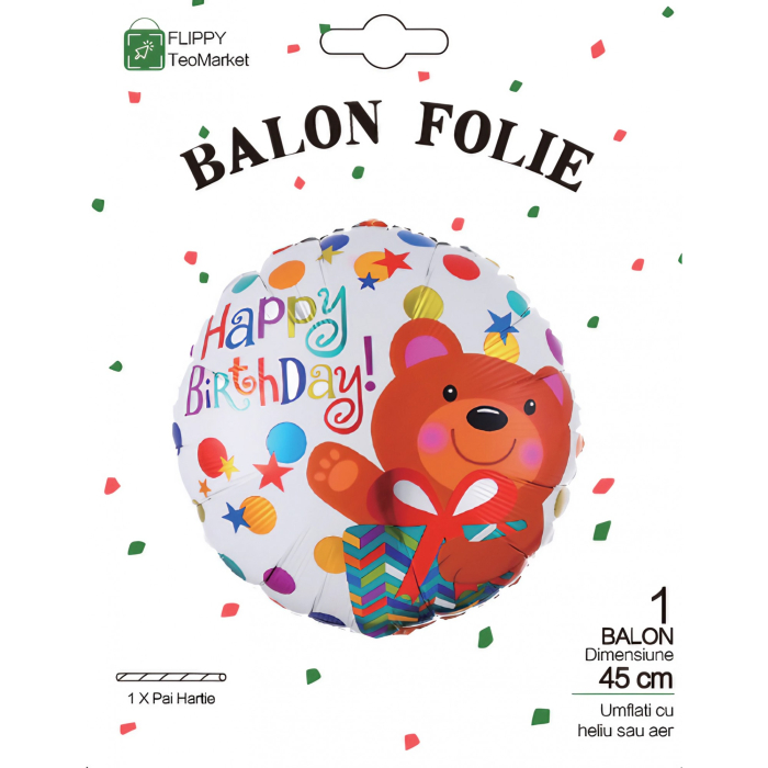 Balon din Folie Metalizata, , Mini Figurina Rotunda, Model Happy Birthday Ursulet, Tema Aniversare, 45 cm, Ambalaj Individual, Pai inclus, Umflare cu Aer sau Heliu, Maro [4]