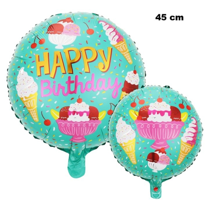 Balon din Folie Metalizata, , Mini Figurina Rotunda, Model Inghetata, Happy Birthday, Tematica Aniversare, 45 cm, Ambalaj Individual, Pai Inclus, Umflare cu Aer sau Heliu, Verde [3]