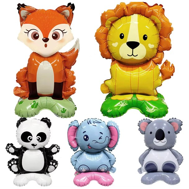 Balon din Folie Metalizata, , Mini Figurine Animalute, Model Leu, Tematica Aniversare, 39x58 cm, Ambalaj Individual, Pai Inclus, Umflare cu Aer sau Heliu, Multicolor [8]