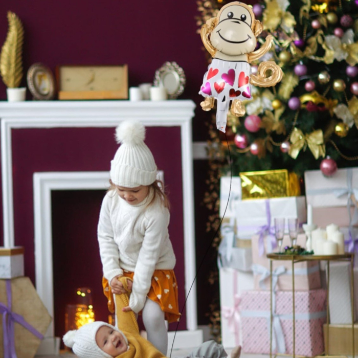 Balon din Folie Metalizata, , Mini Figurine Animalute, Model Maimutica, Tematica Aniversare, 45x28 cm, Ambalaj Individual, Pai Inclus, Umflare cu Aer sau Heliu, Multicolor [7]