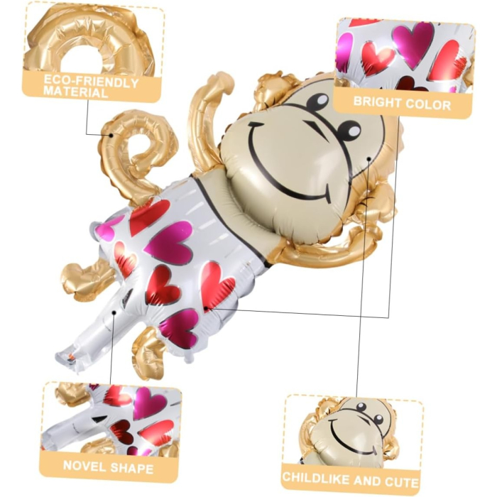 Balon din Folie Metalizata, , Mini Figurine Animalute, Model Maimutica, Tematica Aniversare, 45x28 cm, Ambalaj Individual, Pai Inclus, Umflare cu Aer sau Heliu, Multicolor [4]