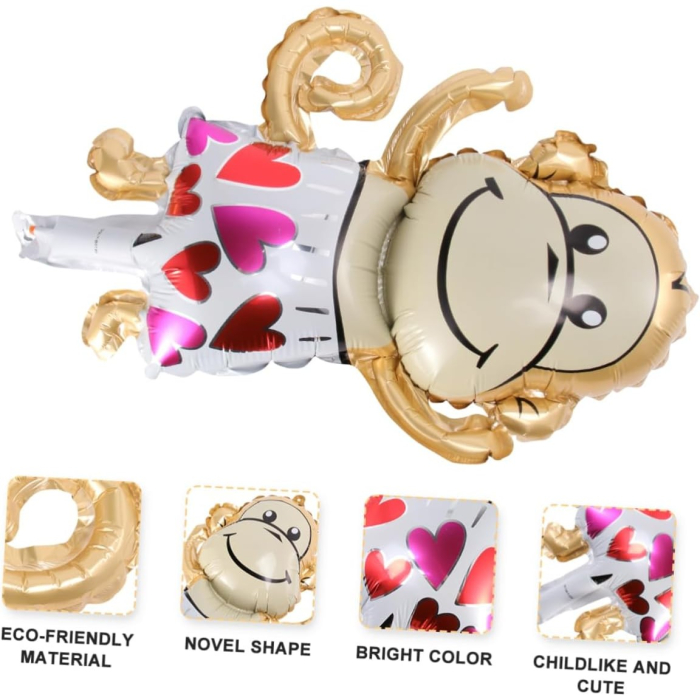 Balon din Folie Metalizata, , Mini Figurine Animalute, Model Maimutica, Tematica Aniversare, 45x28 cm, Ambalaj Individual, Pai Inclus, Umflare cu Aer sau Heliu, Multicolor [2]