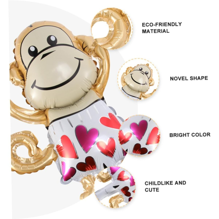 Balon din Folie Metalizata, , Mini Figurine Animalute, Model Maimutica, Tematica Aniversare, 45x28 cm, Ambalaj Individual, Pai Inclus, Umflare cu Aer sau Heliu, Multicolor [3]