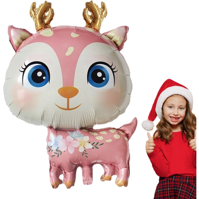 Balon din Folie Metalizata, , Mini Figurine, Model Cerb, Tematica Aniversare, 49x74.5 cm, Ambalaj Individual, Pai Inclus, Umflare cu Aer sau Heliu, Roz [3]