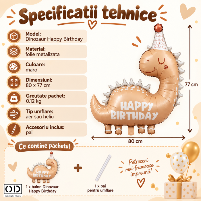 Balon Dinozaur Happy Birthday din Folie Metalizata, 80 x 77 cm, Maro | ORIGINAL DEALS [5]