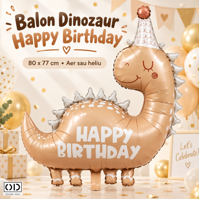 Balon Dinozaur Happy Birthday din Folie Metalizata, 80 x 77 cm, Maro | ORIGINAL DEALS [4]