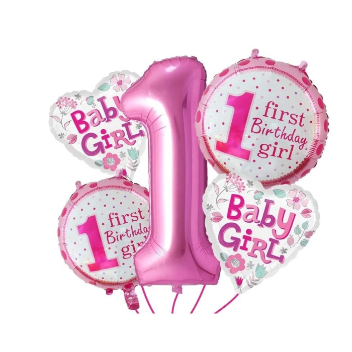 Balon din Folie Metalizata, , Prima Aniversare, Model First Birthday Girl, 45 cm, Ambalaj Individual, Pai Inclus, Umflare cu Aer sau Heliu, Roz [3]