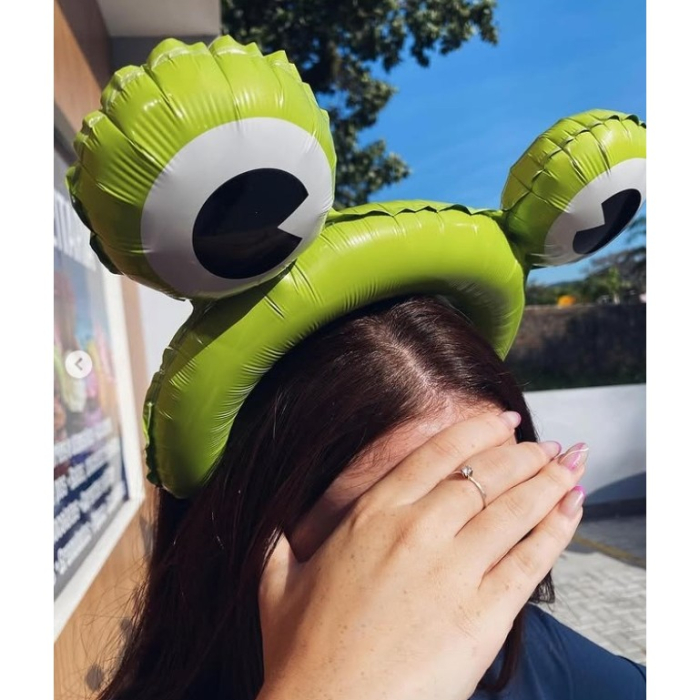 Balon din Folie Metalizata, , Tip Coronita cu Urechi, Model Broasca, Ambalaj Individual, Pai Inclus, Umflare cu Aer sau Heliu, 28 x 31 cm, Verde [2]