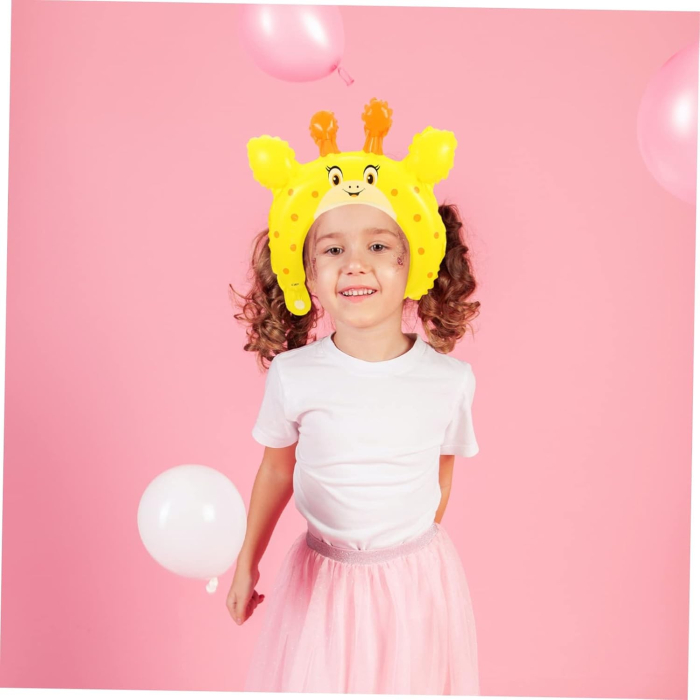 Balon din Folie Metalizata, , Tip Coronita cu Urechi, Model Girafa, Ambalaj Individual, Pai Inclus, Umflare cu Aer sau Heliu, 28 x 31 cm, Galben [3]