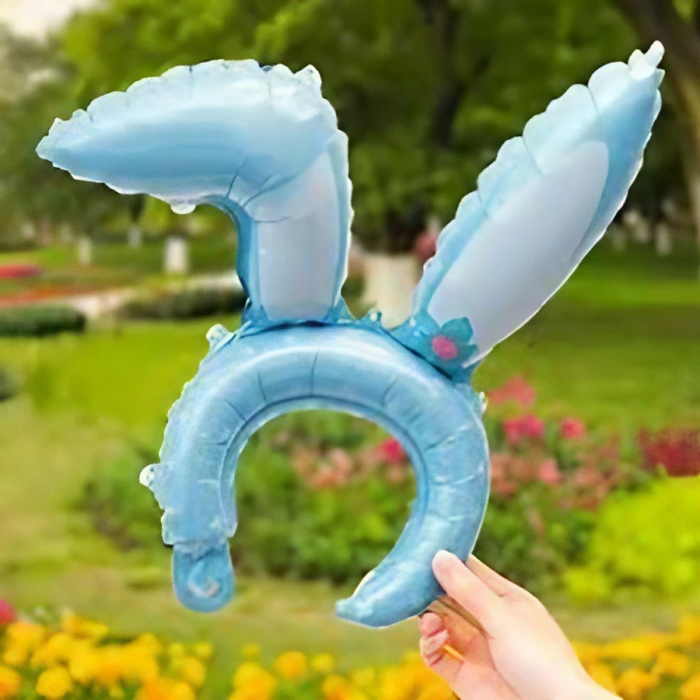 Balon din Folie Metalizata, , Tip Coronita cu Urechi, Model Iepure, Ambalaj Individual, Pai Inclus, Umflare cu Aer sau Heliu, 38 x 45 cm, Albastru [3]