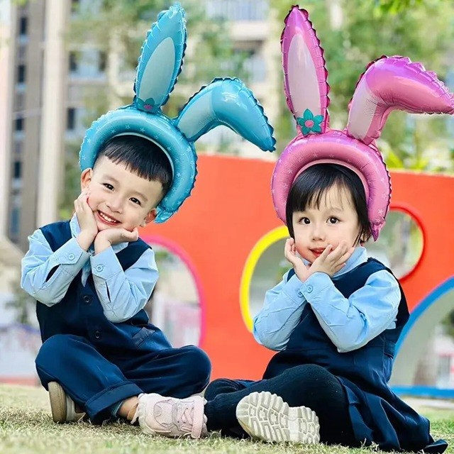 Balon din Folie Metalizata, , Tip Coronita cu Urechi, Model Iepure, Ambalaj Individual, Pai Inclus, Umflare cu Aer sau Heliu, 38 x 45 cm, Albastru [2]