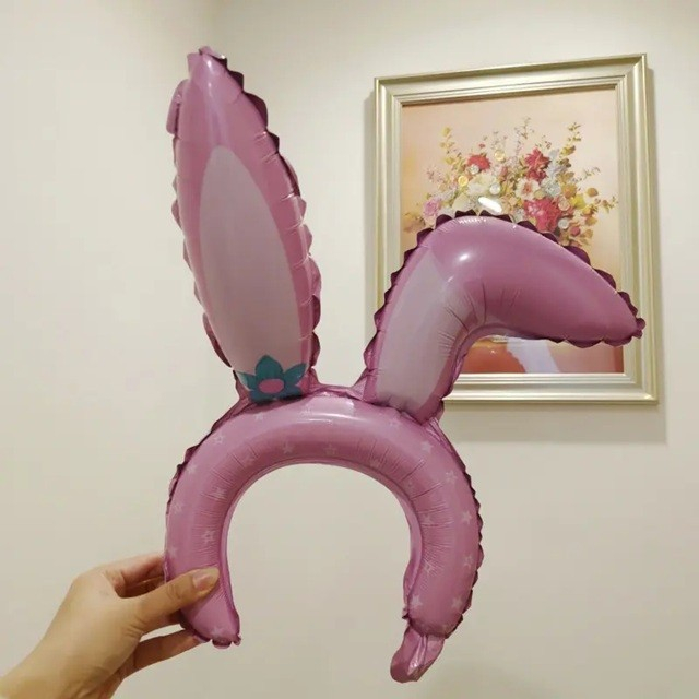 Balon din Folie Metalizata, , Tip Coronita cu Urechi, Model Iepure, Ambalaj Individual, Pai Inclus, Umflare cu Aer sau Heliu, 38 x 45 cm, Roz [2]