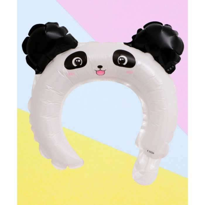 Balon din Folie Metalizata, , Tip Coronita cu Urechi, Model Panda, Ambalaj Individual, Pai Inclus, Umflare cu Aer sau Heliu, 27 x 28 cm, Alb/Negru [2]