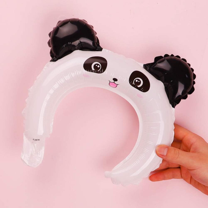 Balon din Folie Metalizata, , Tip Coronita cu Urechi, Model Panda, Ambalaj Individual, Pai Inclus, Umflare cu Aer sau Heliu, 27 x 28 cm, Alb/Negru [3]