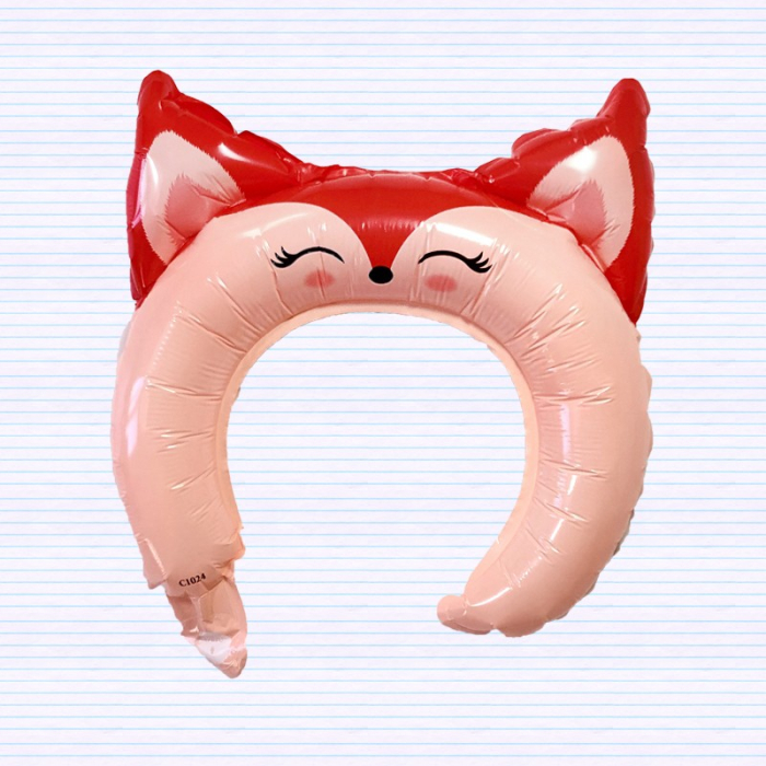Balon din Folie Metalizata, , Tip Coronita cu Urechi, Model Vulpe, Ambalaj Individual, Pai Inclus, Umflare cu Aer sau Heliu, 27 x 29 cm, Rosu [4]