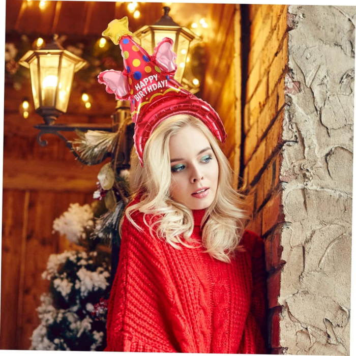 Balon din Folie Metalizata, , Tip Coronita, Model Palarie de Petrecere, Ambalaj Individual, Pai Inclus, Umflare cu Aer sau Heliu, 31 x 50 cm, Rosu [2]