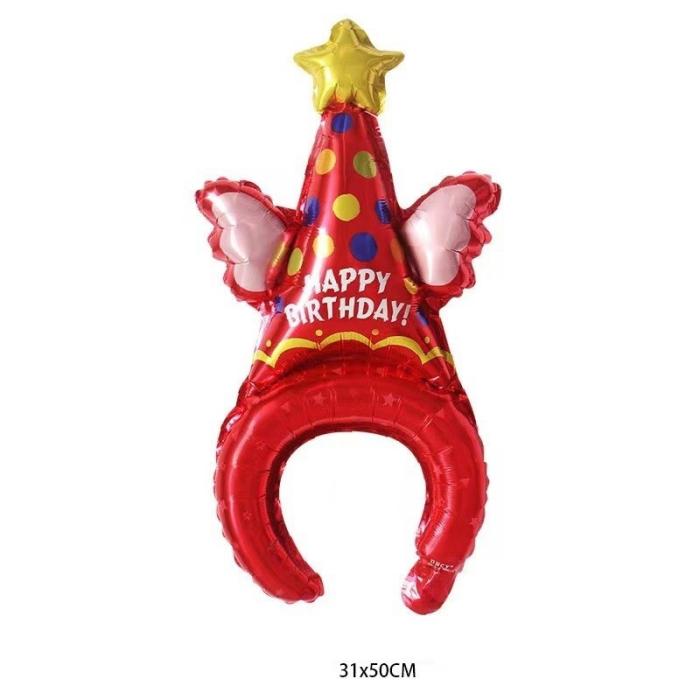 Balon din Folie Metalizata, , Tip Coronita, Model Palarie de Petrecere, Ambalaj Individual, Pai Inclus, Umflare cu Aer sau Heliu, 31 x 50 cm, Rosu [5]