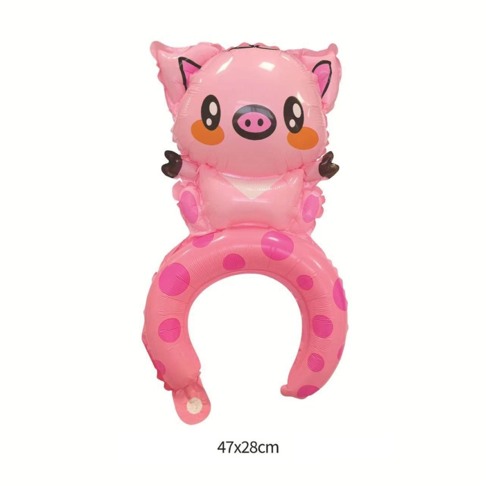 Balon din Folie Metalizata, , Tip Coronita, Model Purcelus, Ambalaj Individual, Pai Inclus, Umflare cu Aer sau Heliu, 47 x 28 cm, Roz [2]
