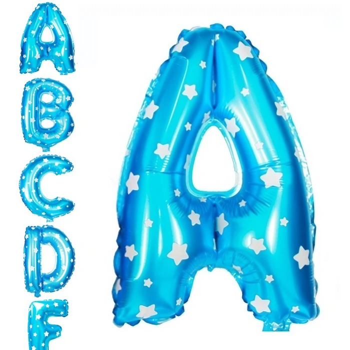 Balon Folie Metalizata Litera A, , 40 cm, Cu Imprimeu Stelute, Umflati cu Heliu sau Aer, Ambalaj Individual, Pai inclus, Albastru [3]