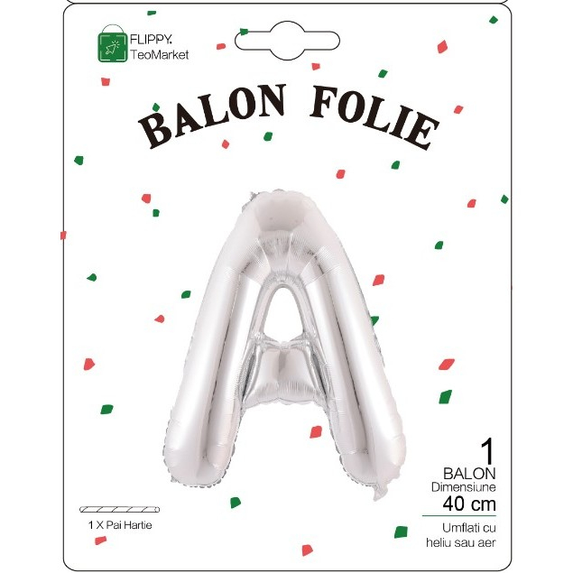 Balon Folie Metalizata Litera A, , 40 cm, Umflati cu Heliu sau Aer, Ambalaj Individual, Pai inclus, Argintiu [2]