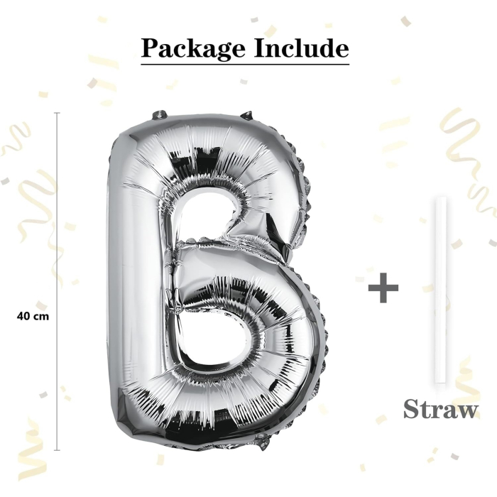 Balon Folie Metalizata Litera B, , 40 cm, Umflati cu Heliu sau Aer, Ambalaj Individual, Pai inclus, Argintiu [3]