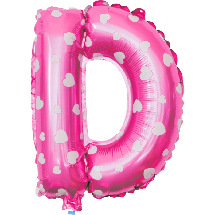Balon Folie Metalizata Litera D, , 40 cm, Cu Imprimeu Inimioare, Umflati cu Heliu sau Aer, Ambalaj Individual, Pai inclus, Roz [3]
