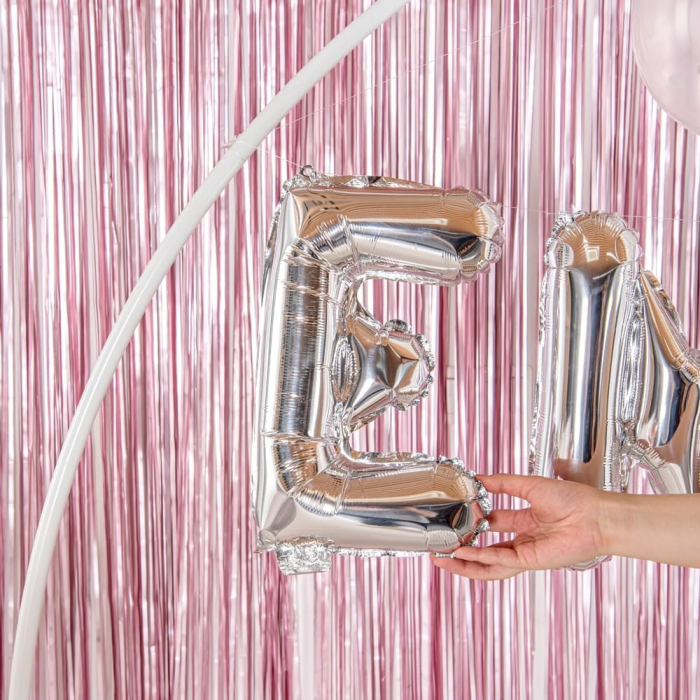 Balon Folie Metalizata Litera E, , 40 cm, Umflati cu Heliu sau Aer, Ambalaj Individual, Pai inclus, Argintiu [7]