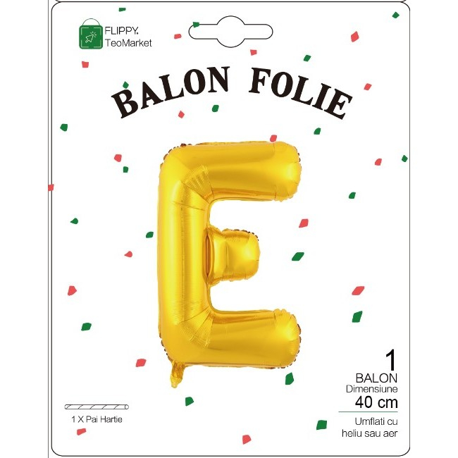 Balon Folie Metalizata Litera E, , 40 cm, Umflati cu Heliu sau Aer, Ambalaj Individual, Pai inclus, Auriu [2]