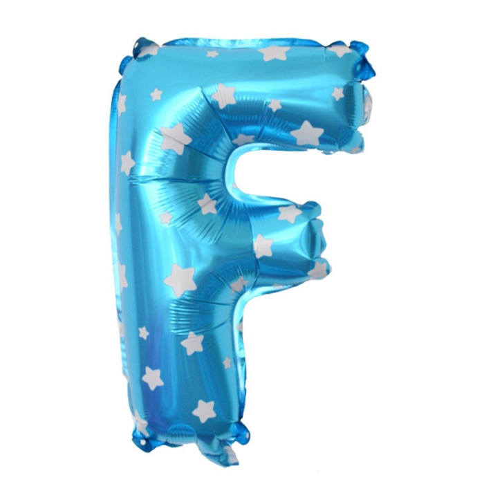Balon Folie Metalizata Litera F, , 40 cm, Cu Imprimeu Stelute, Umflati cu Heliu sau Aer, Ambalaj Individual, Pai inclus, Albastru [4]