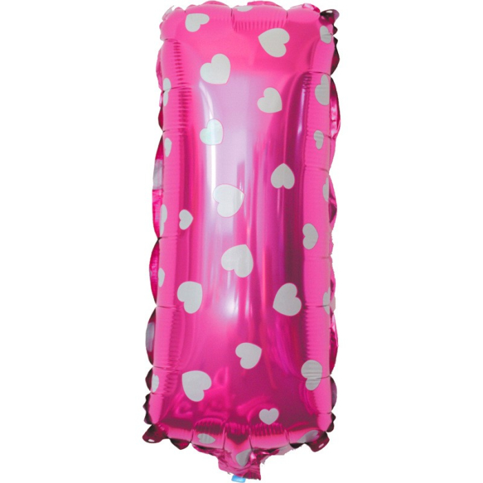 Balon Folie Metalizata Litera I, , 40 cm, Cu Imprimeu Inimioare, Umflati cu Heliu sau Aer, Ambalaj Individual, Pai inclus, Roz [3]