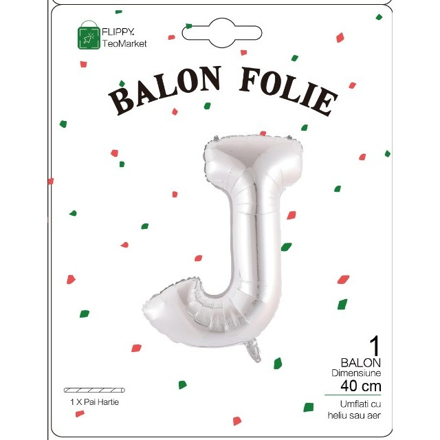 Balon Folie Metalizata Litera J, , 40 cm, Umflati cu Heliu sau Aer, Ambalaj Individual, Pai inclus, Argintiu [2]