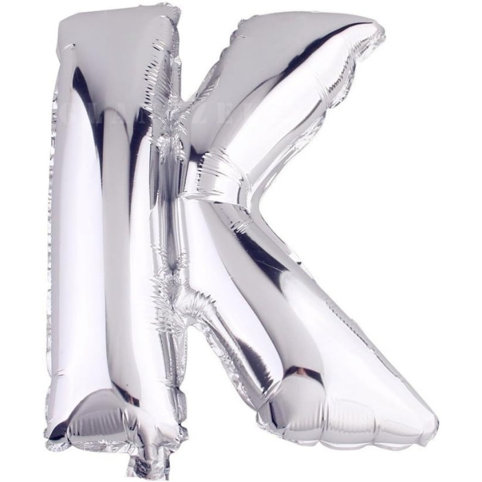 Balon Folie Metalizata Litera K, , 40 cm, Umflati cu Heliu sau Aer, Ambalaj Individual, Pai inclus, Argintiu [4]