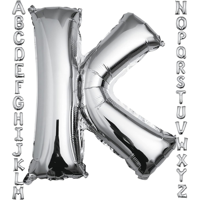 Balon Folie Metalizata Litera K, , 80 cm, Umflati cu Heliu sau Aer, Ambalaj Individual, Pai inclus, Argintiu [2]