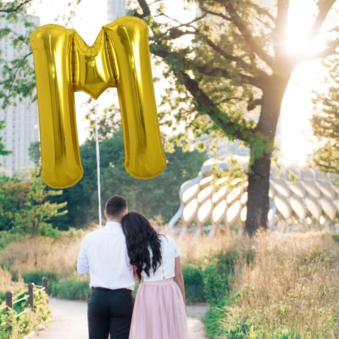 Balon Folie Metalizata Litera M, , 80 cm, Umflati cu Heliu sau Aer, Ambalaj Individual, Pai inclus, Auriu [7]