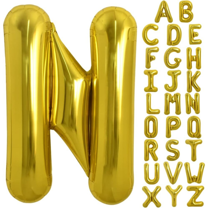 Balon Folie Metalizata Litera N, , 40 cm, Umflati cu Heliu sau Aer, Ambalaj Individual, Pai inclus, Auriu [5]